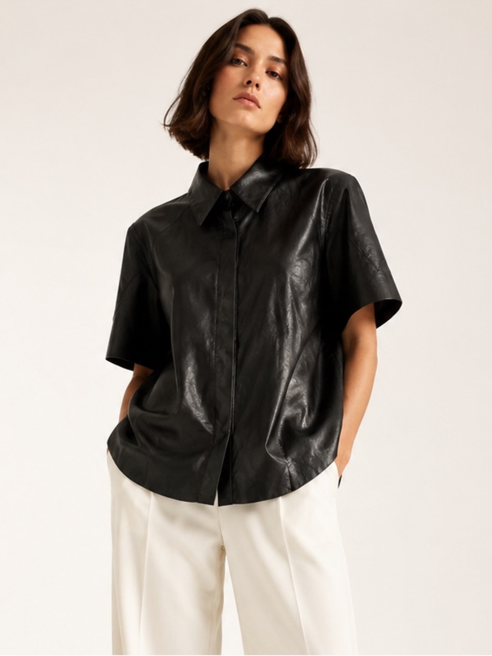 Nanushka Shirt Vegan Leather Hidden Placket Large Minimalist Top